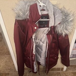 Hollister Women's Burgundy Fur Hooded Ski Jacket